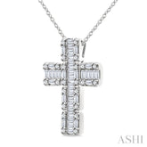 1 Ctw Fusion Baguette and Round Cut Diamond Cross Fashion Pendant With Chain in 14K White Gold